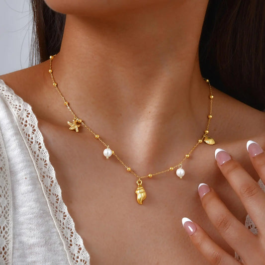 18K Gold Plated Stainless Steel Beach Charm Necklace with Pearl, Shell & Starfish