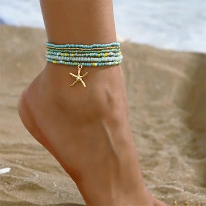 Bohemian Multi-Layer Beaded Anklet Set with Starfish Charm for Women