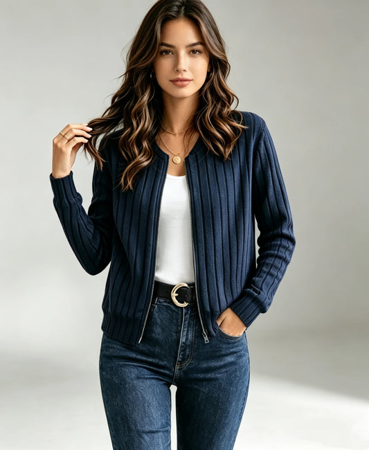 Ladies Autumn Winter Solid Color Ribbed Zipper Long Sleeve Jacket Outerwear