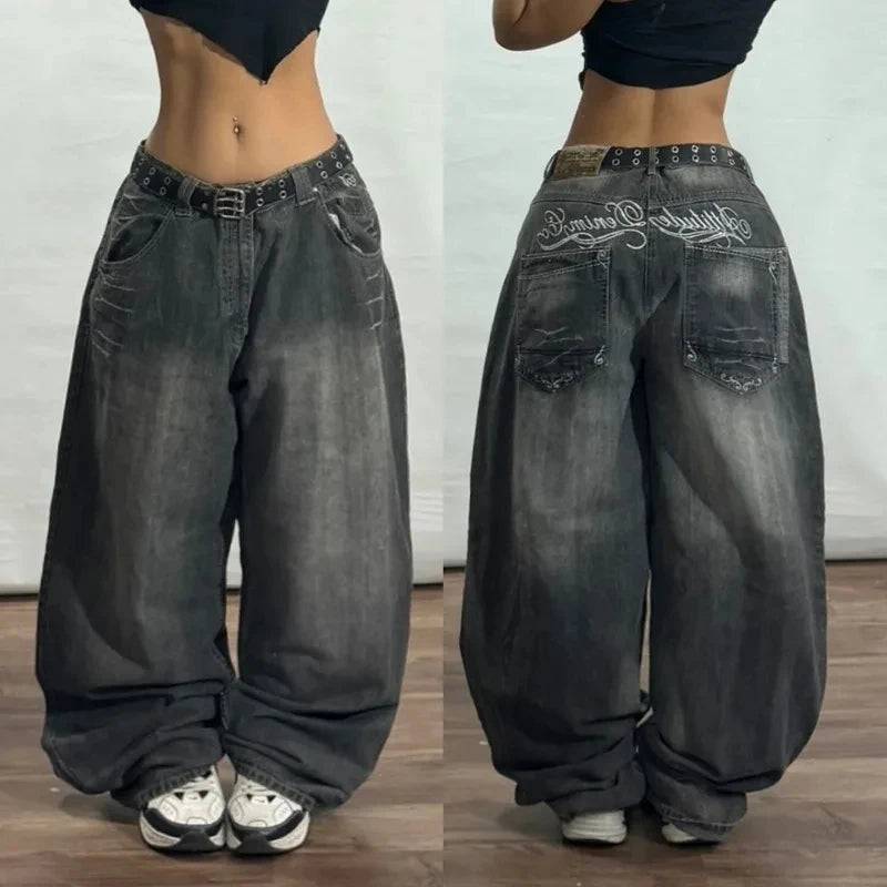 Relaxed Fit Wide Leg Denim Pants with Geometric Embroidery
