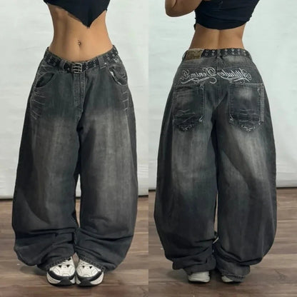 Relaxed Fit Wide Leg Denim Pants with Geometric Embroidery