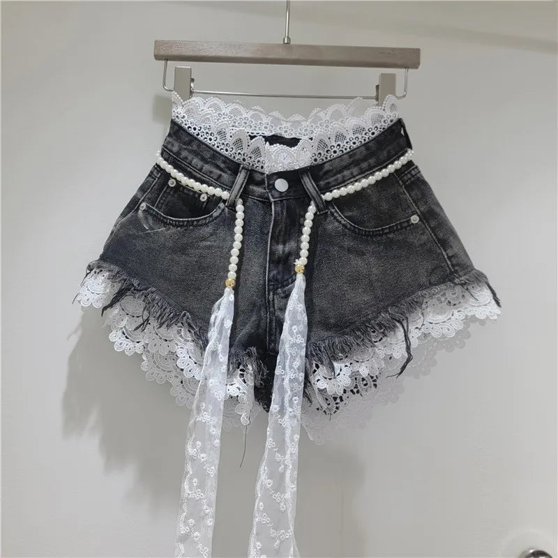 Raw Hem Denim Shorts with Crochet Lace Trim & Pearl Belt