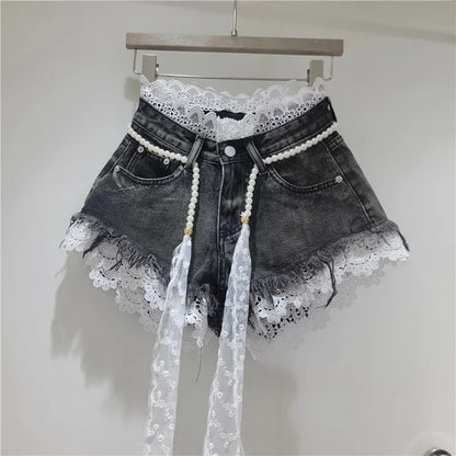 Raw Hem Denim Shorts with Crochet Lace Trim & Pearl Belt