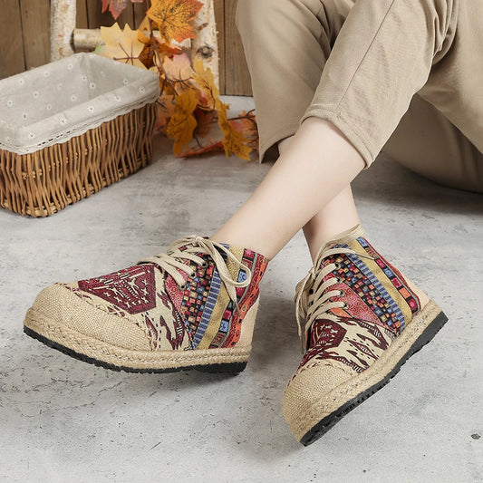 High-Top Embroidered Handmade Linen Lace-Up Shoes