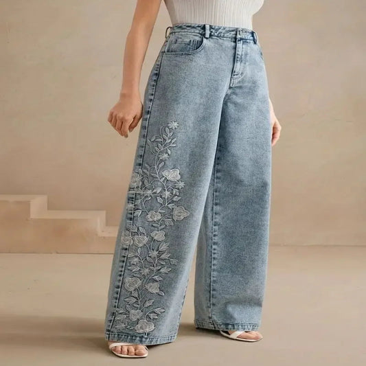 Classic Stretch Denim Straight Leg Jeans with Embroidered Accents