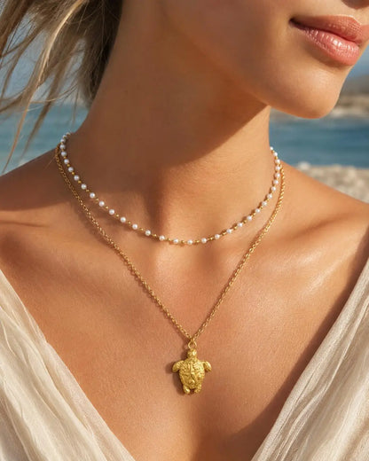 18K Gold Plated Stainless Steel Beach Charm Necklace with Pearl, Shell & Starfish