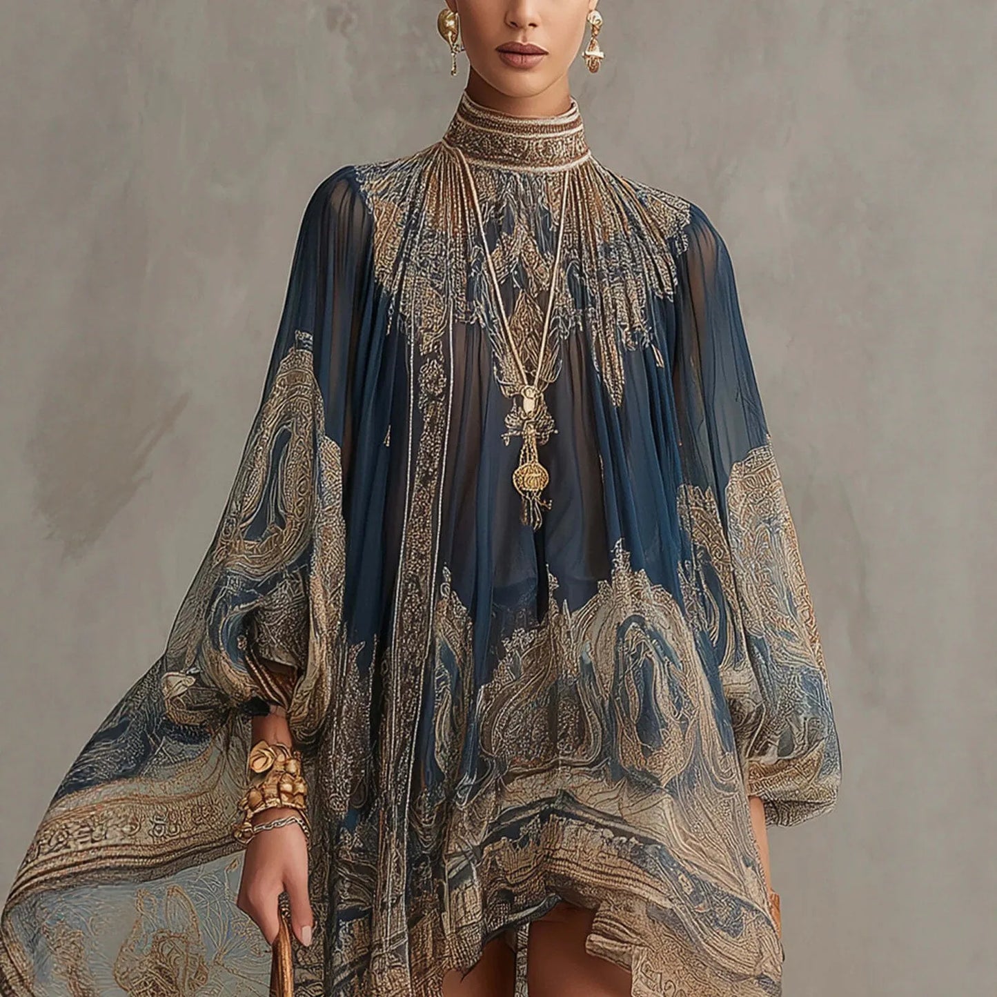 Printed High Neck Long Sleeve Chiffon Maxi Dress