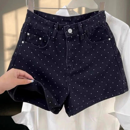 High Waist Polka Dot A-Line Denim Shorts