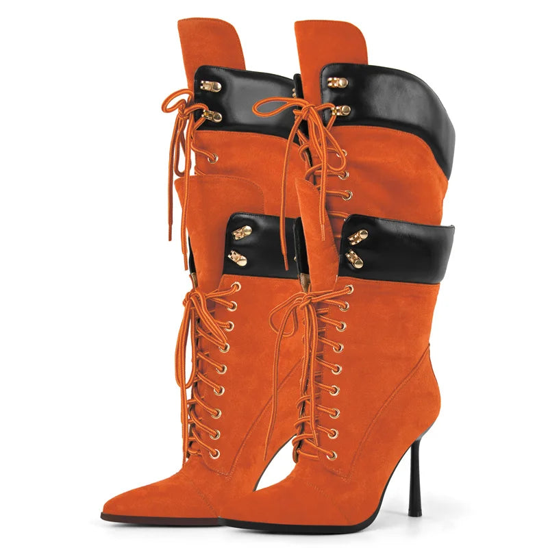 Premium Pointed Toe Lace-Up Stiletto Mid-Calf Boots