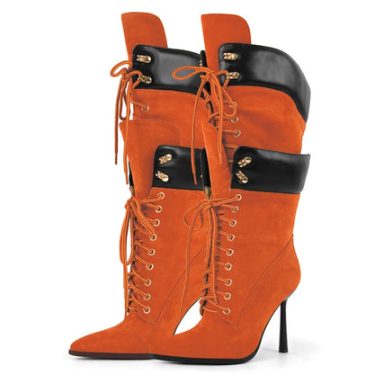Premium Pointed Toe Lace-Up Stiletto Mid-Calf Boots