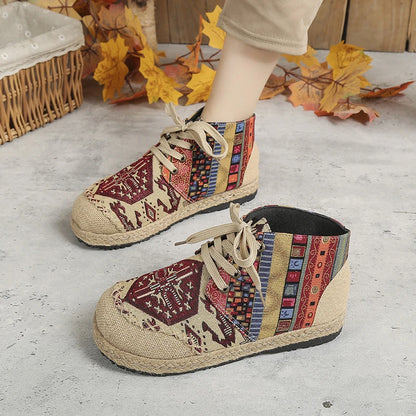 High-Top Embroidered Handmade Linen Lace-Up Shoes
