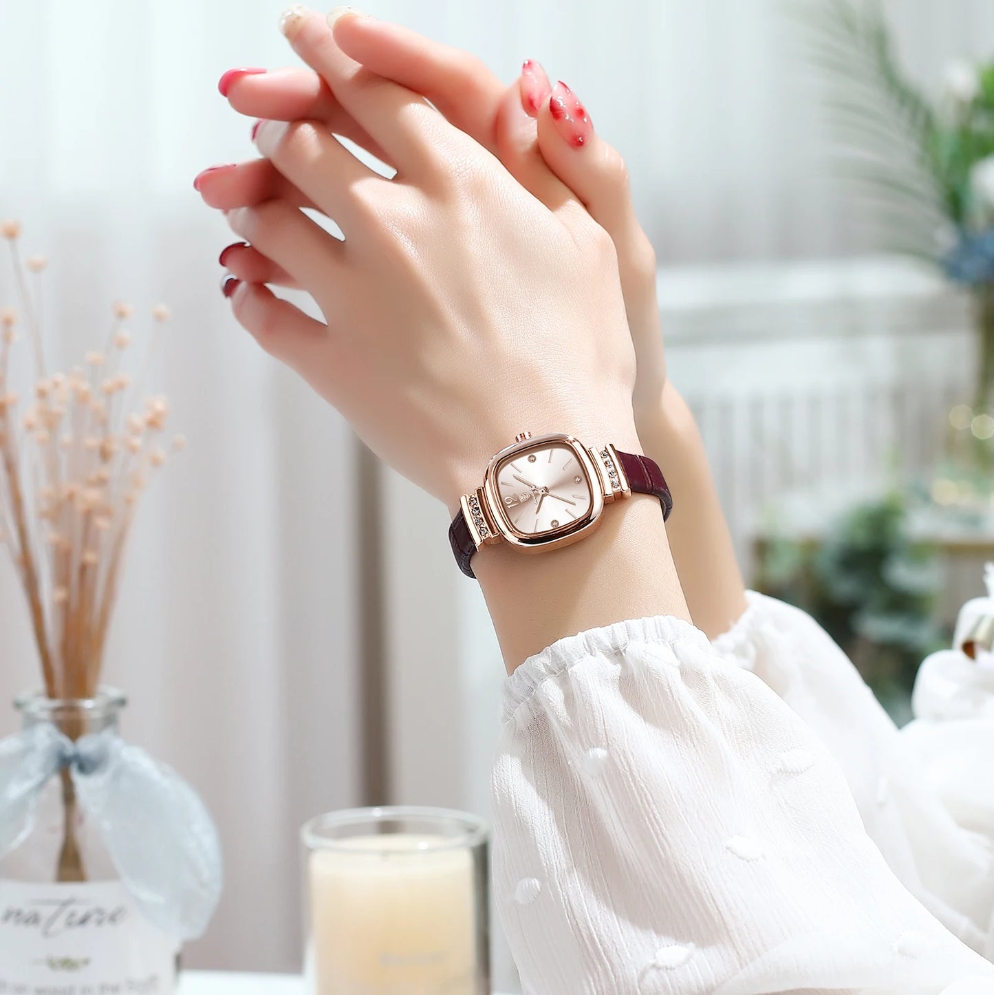 Luxury Square Leather Quartz Wrist Watch with Crystal Accents