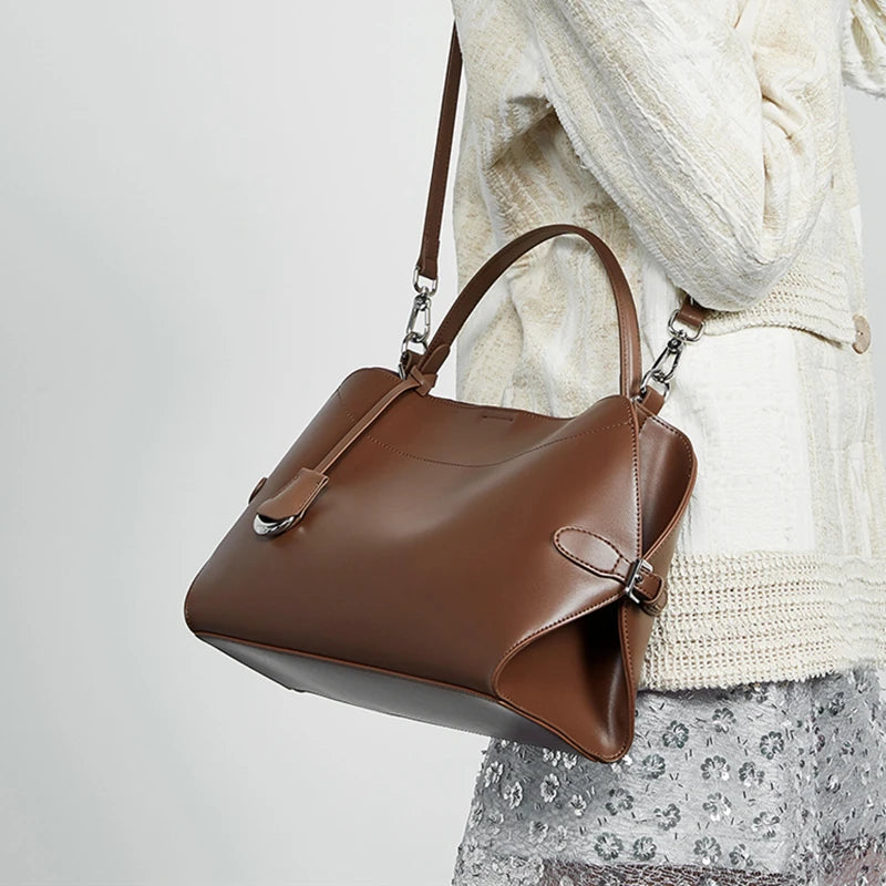 BURMINSA Large Genuine Leather Work Shoulder Bag Women Vintage Brown Cowhide Tote Bag Daily Office Commuter Crossbody Handbags
