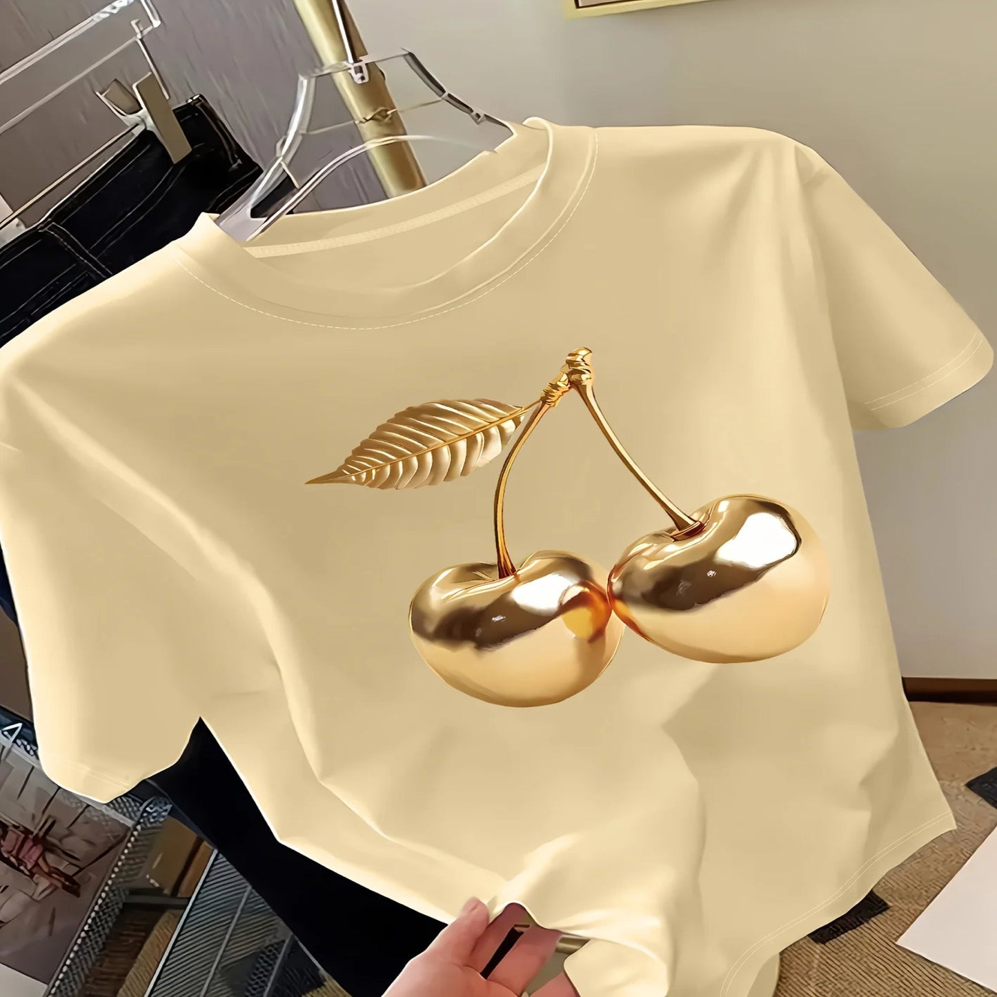 Golden Cherry Print Short Sleeve Casual T-Shirt