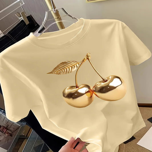 Golden Cherry Print Short Sleeve Casual T-Shirt