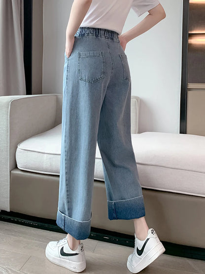 Classic Wide Leg Denim Pants with High-Rise Comfortable Fit