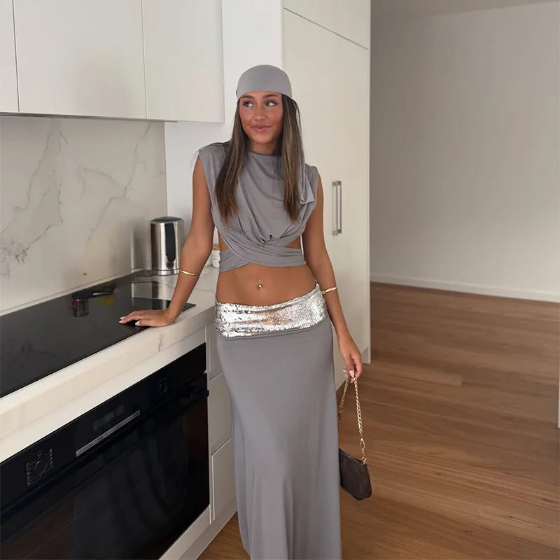 Sleeveless O-Neck Backless Two-Piece Maxi Skirt Set