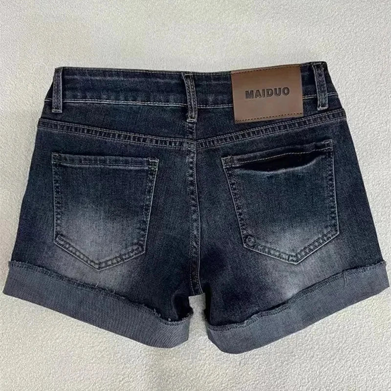 Low Rise Deep Blue Distressed Denim Shorts with Roll-Up Hem