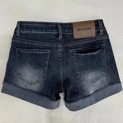 Low Rise Deep Blue Distressed Denim Shorts with Roll-Up Hem