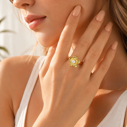 18K Gold Plated Vintage Hollow Floral Statement Ring for Women