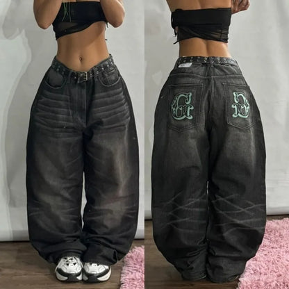 Relaxed Fit Wide Leg Denim Pants with Geometric Embroidery