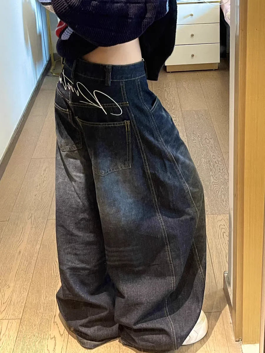 Premium Vintage Washed Wide Leg Cargo Jeans with Relaxed Baggy Fit