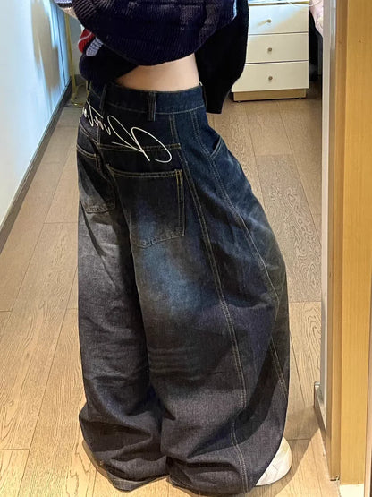 Premium Vintage Washed Wide Leg Cargo Jeans with Relaxed Baggy Fit