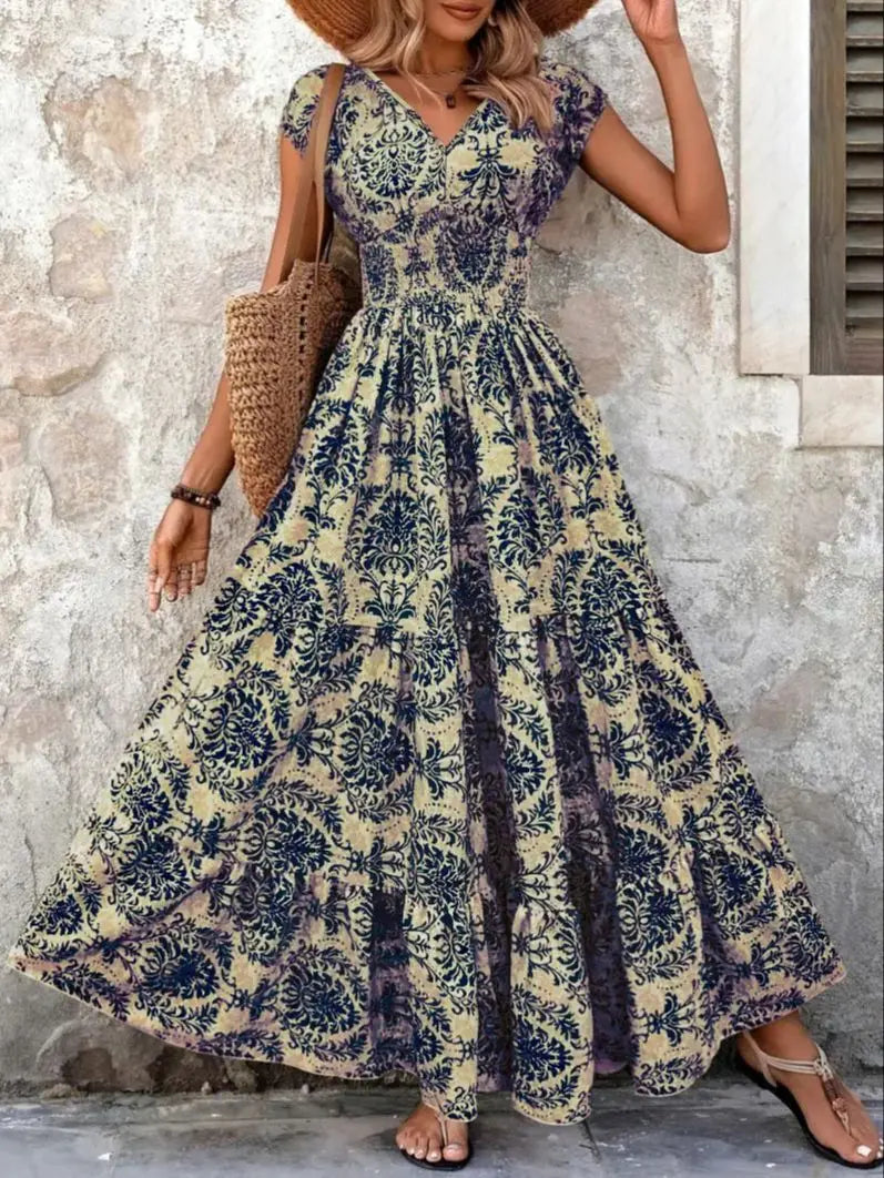 Vintage Floral Print V-Neck Short Sleeve Maxi Dress