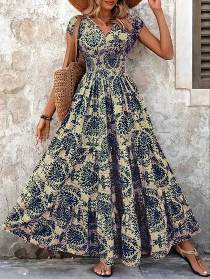 Vintage Floral Print V-Neck Short Sleeve Maxi Dress