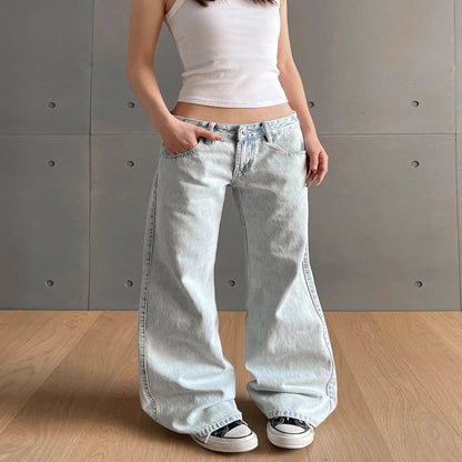 Luxury Vintage Washed Straight Leg Denim Jeans with Classic Low-Rise Fit