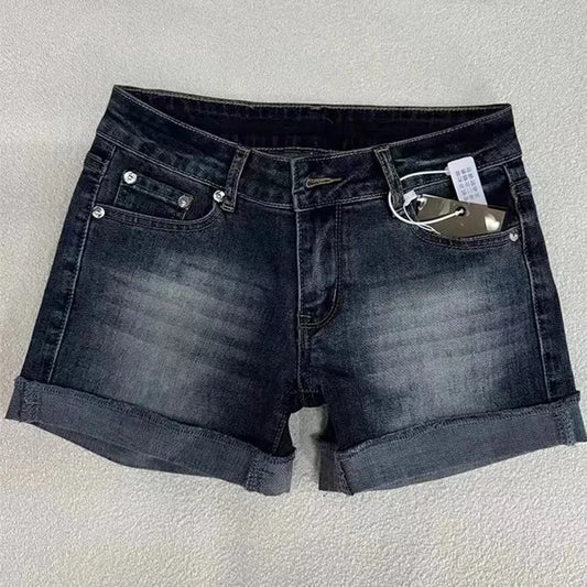 Low Rise Deep Blue Distressed Denim Shorts with Roll-Up Hem