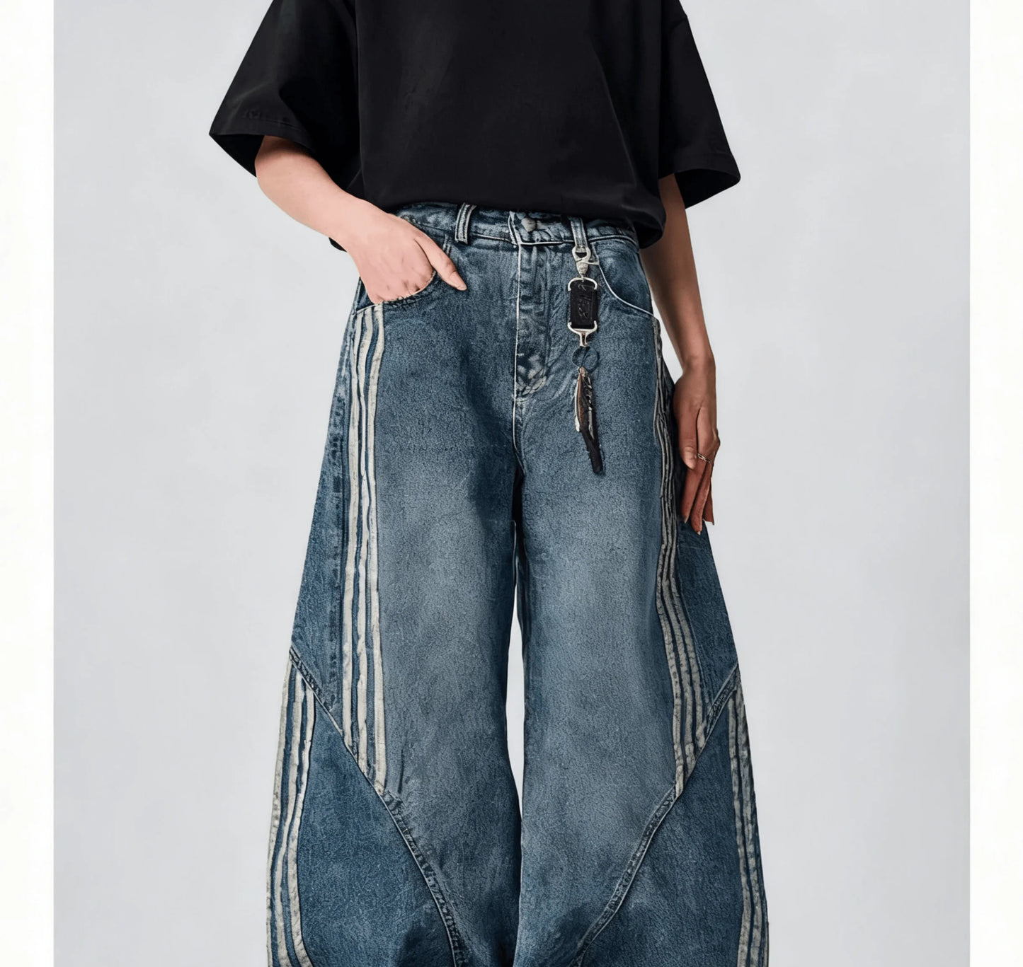 Vintage Washed Distressed Wide Leg Denim Jeans with Stripe Detail