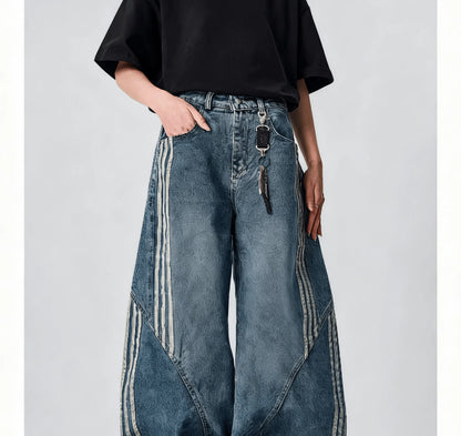 Vintage Washed Distressed Wide Leg Denim Jeans with Stripe Detail