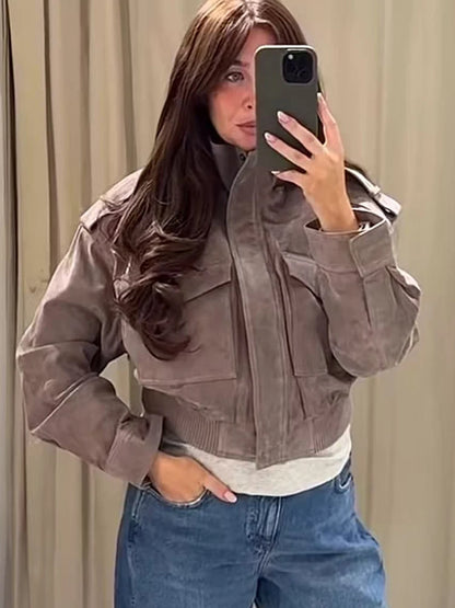 Faux Suede Short Zip-Up Jacket