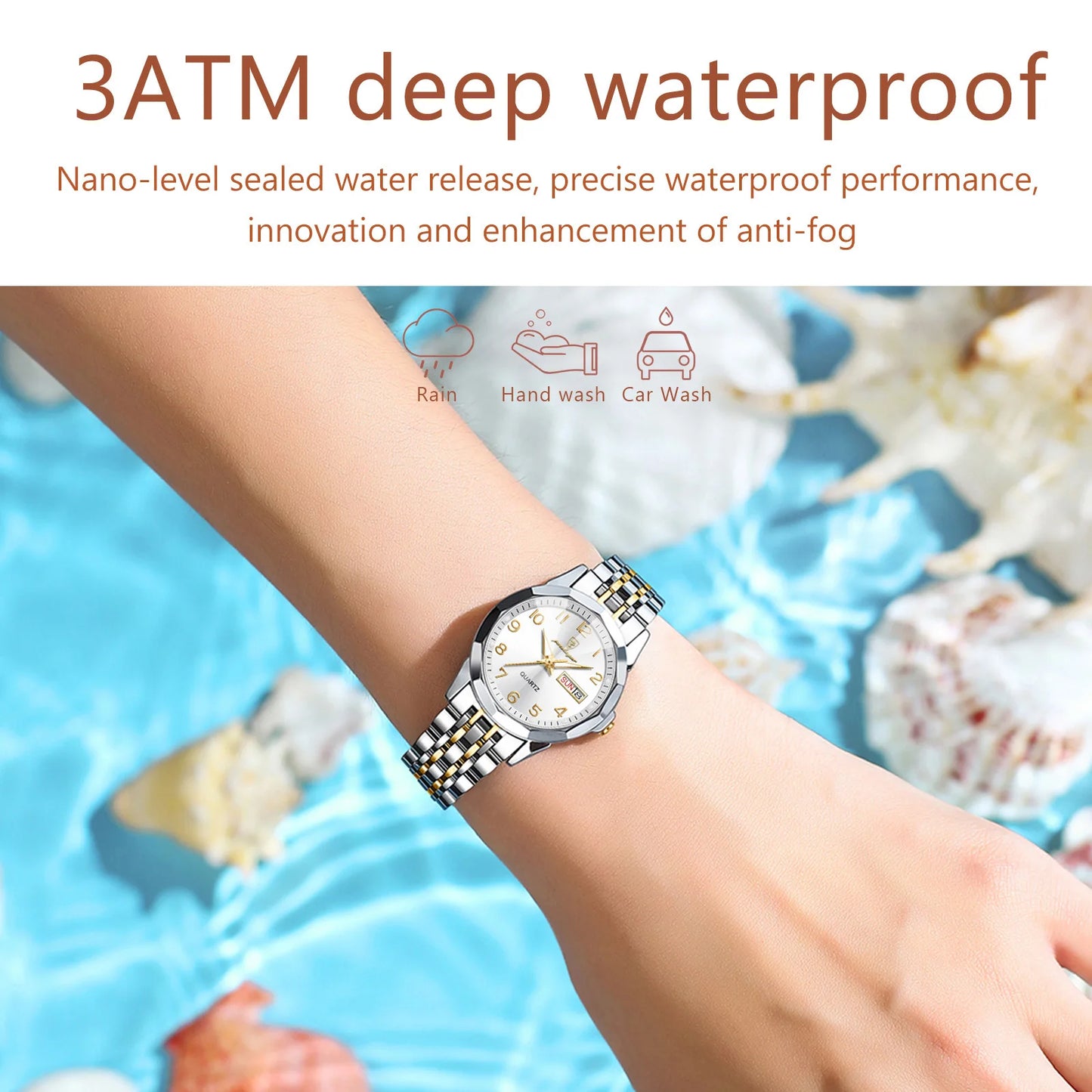 Luxury Stainless Steel Quartz Wrist Watch with Luminous Week & Date Display