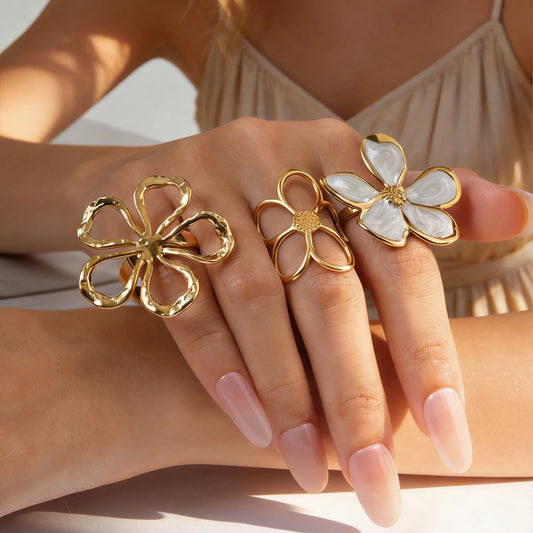 18K Gold Plated Vintage Hollow Floral Statement Ring for Women