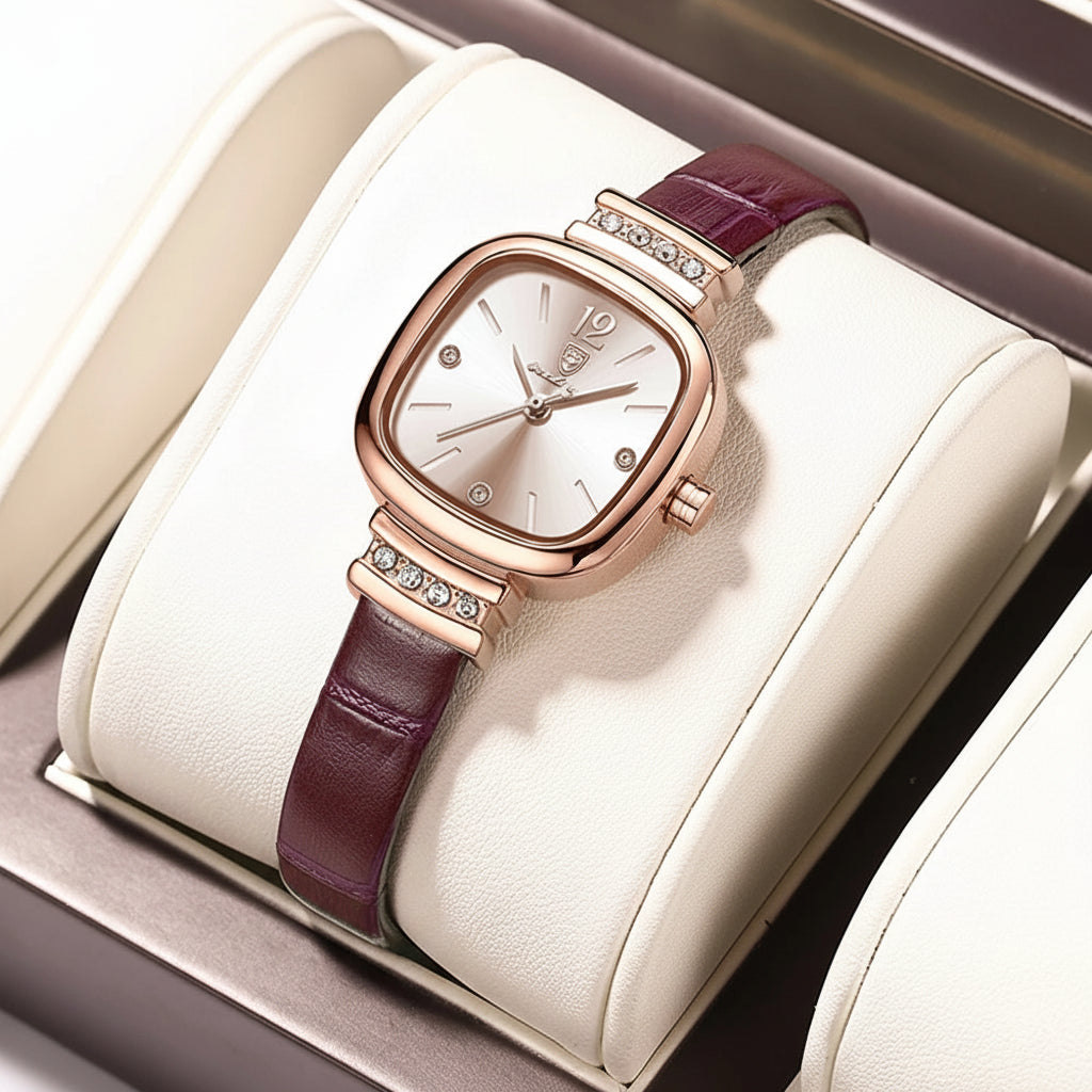 Luxury Square Leather Quartz Wrist Watch with Crystal Accents