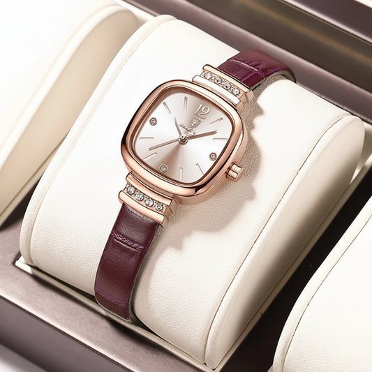 Luxury Square Leather Quartz Wrist Watch with Crystal Accents