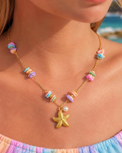 18K Gold Plated Stainless Steel Beach Charm Necklace with Pearl, Shell & Starfish