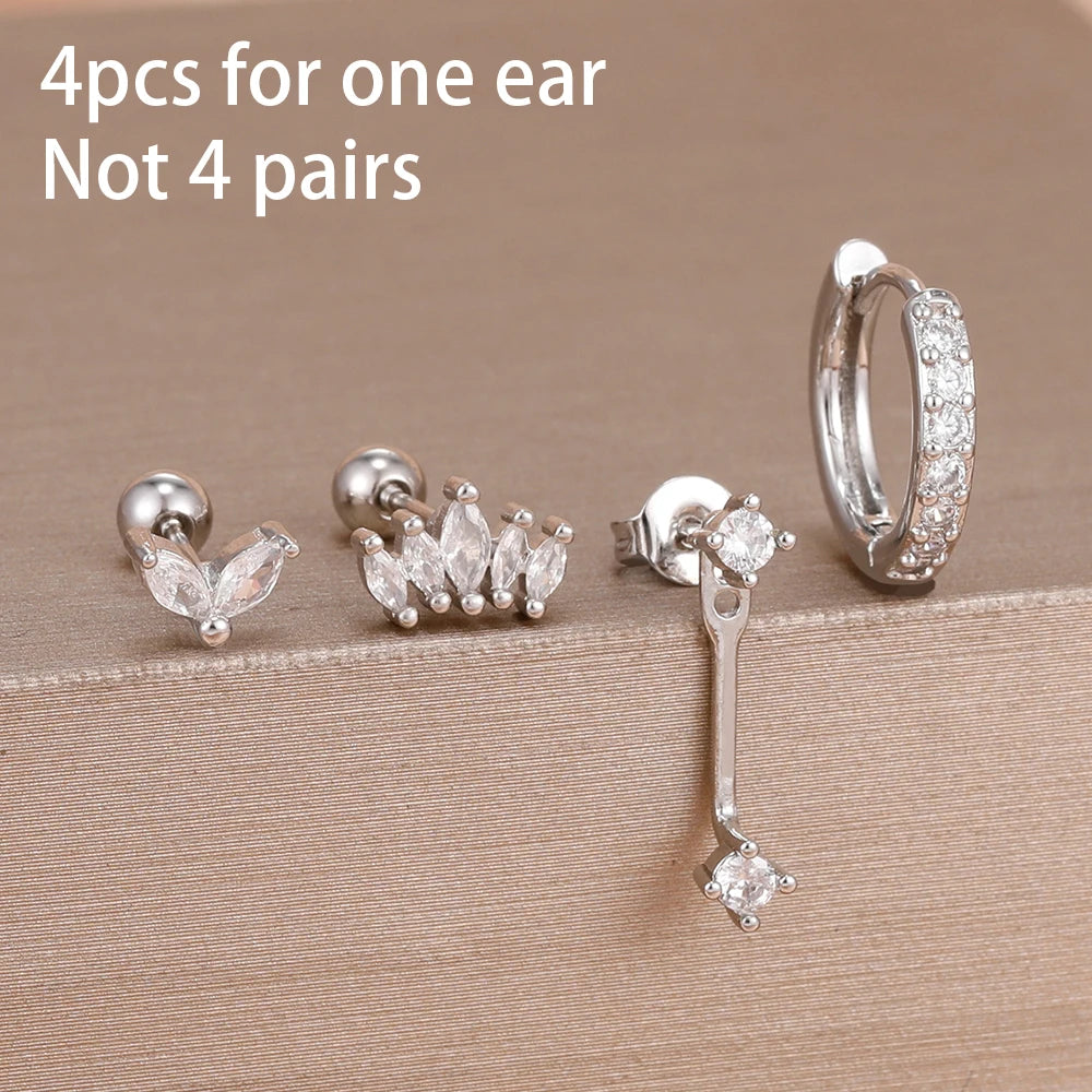 4-Piece Stainless Steel Zircon Huggie Hoop Earrings Set for Women