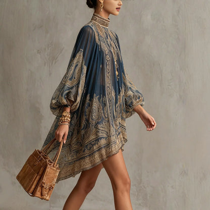 Printed High Neck Long Sleeve Chiffon Maxi Dress
