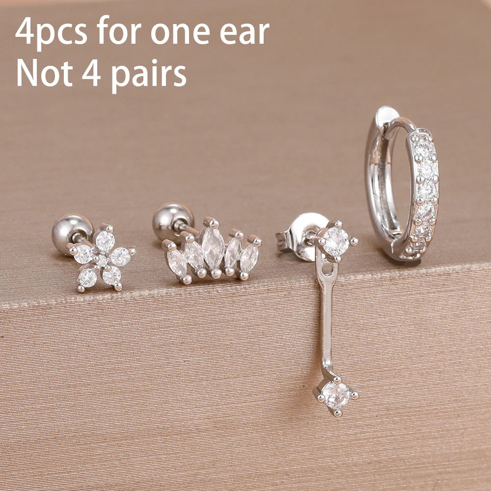 4-Piece Stainless Steel Zircon Huggie Hoop Earrings Set for Women